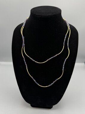 Elastic Long Necklace Gold Tone and Purple
